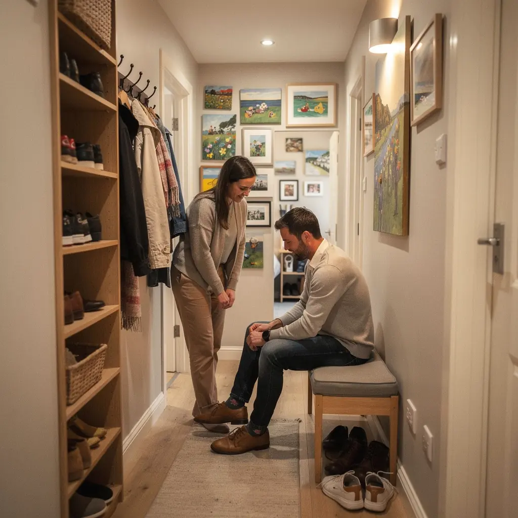 A modern small apartment living room featuring innovative storage solutions with stylish lighting.